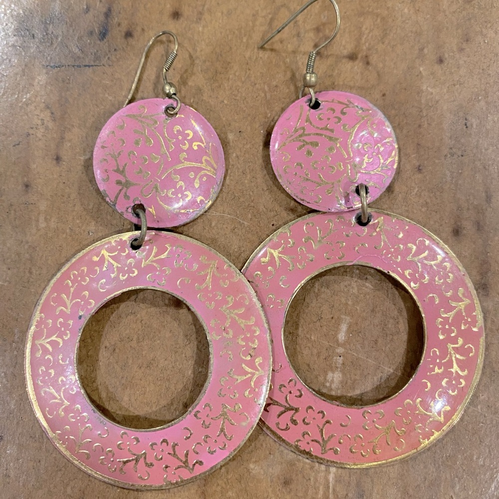 Gold and pink dangle earrings
